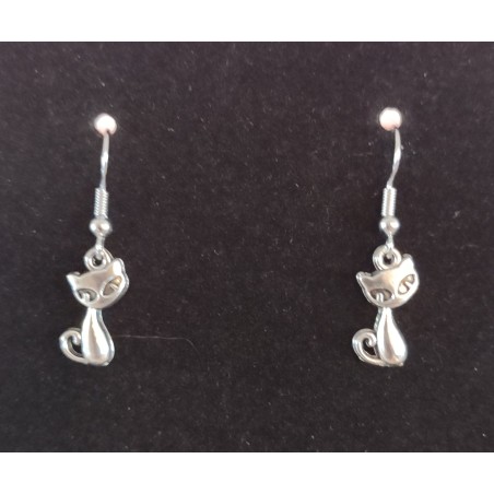 Wise Cat Silver Dangle Earrings